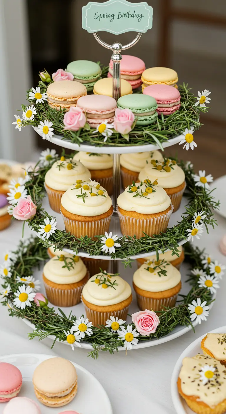 Torre de tres pisos con cupcakes y macarons, cada nivel rodeado por una guirnalda de manzanilla.