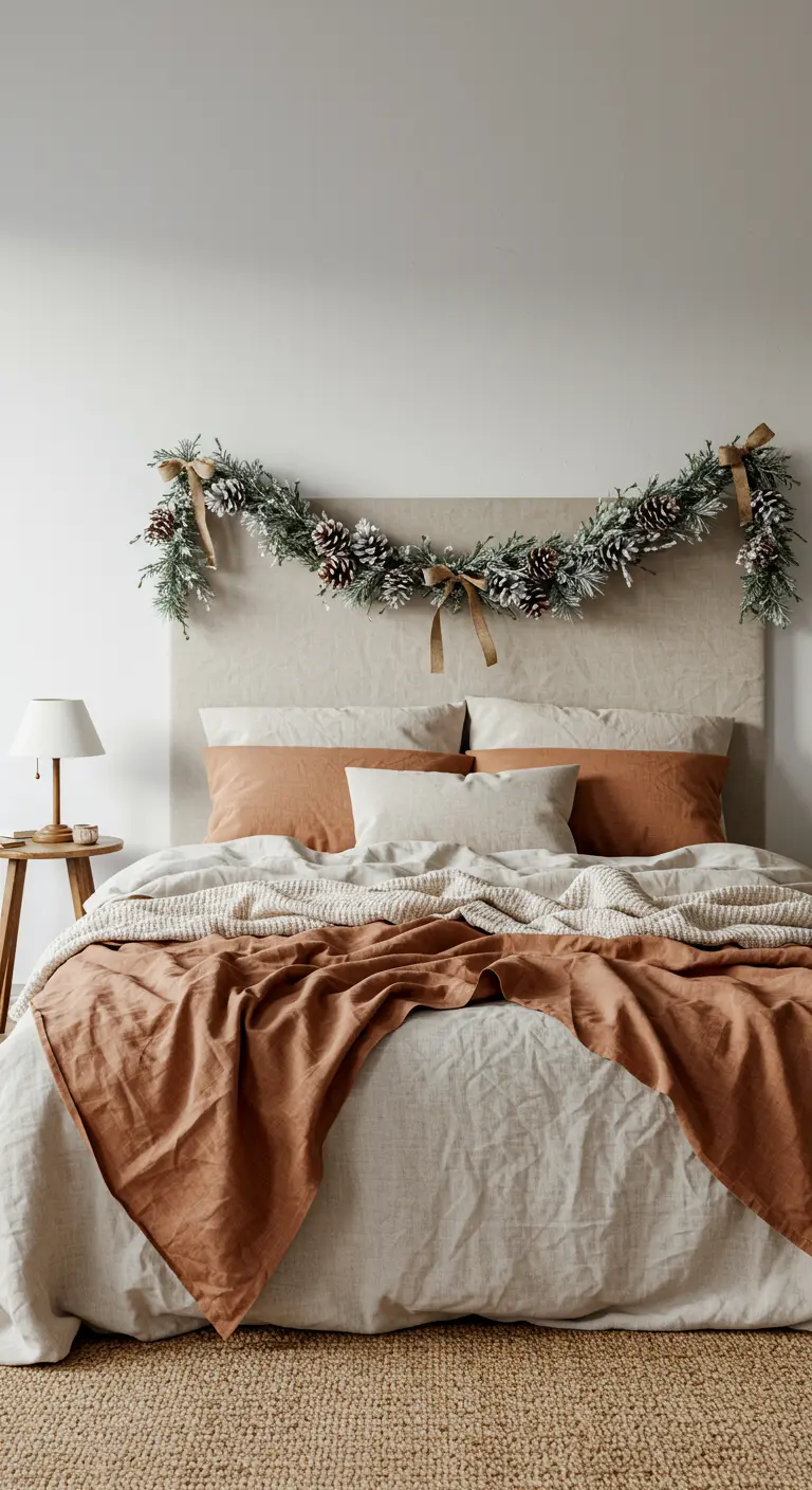 Cabecero de cama de tela con una guirnalda de pino escarchado, piñas y lazos de yute.