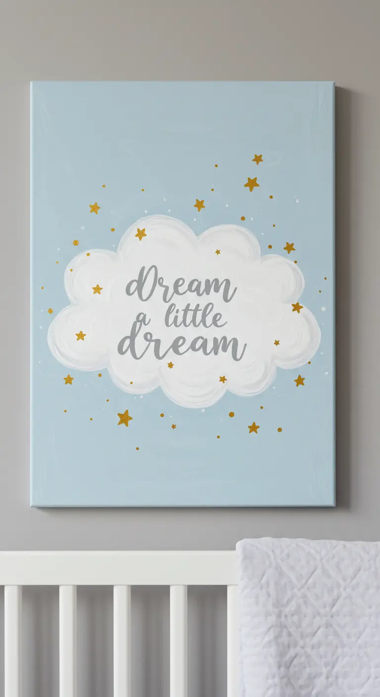 Lienzo azul pastel con una nube, estrellas doradas y la frase 'Dream a little dream'.
