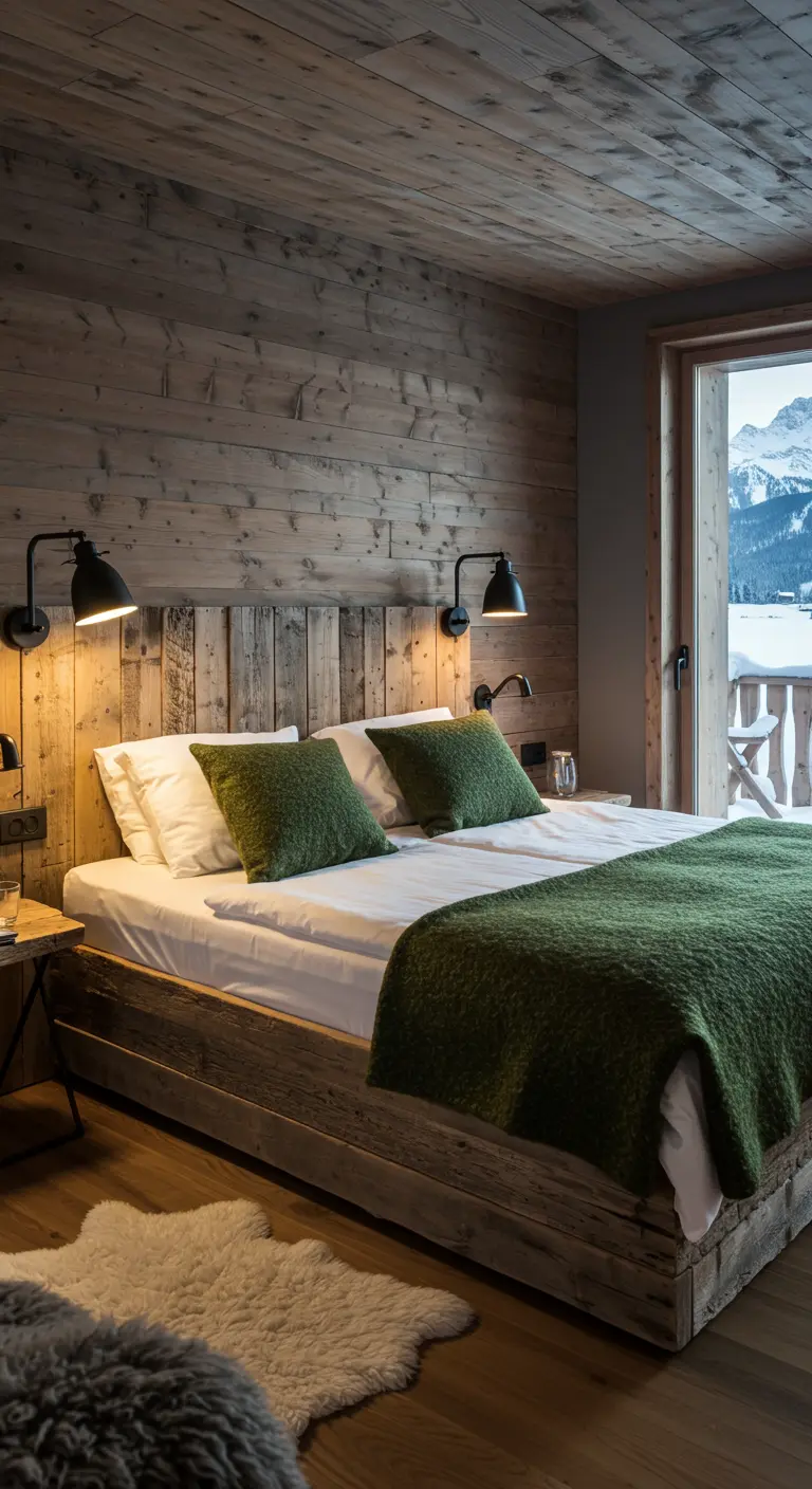 Dormitorio rústico con paredes de madera, cama de plataforma y cojines verdes.