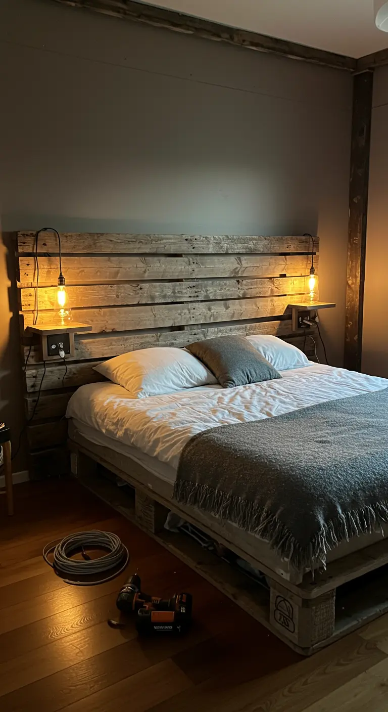 Cama con base y cabecero de pallets, con bombillas Edison colgantes integradas.