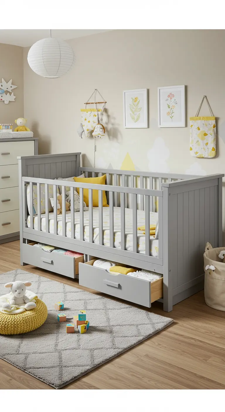 Cuna de bebé de color gris con dos cajones de almacenaje extraíbles llenos de ropa y pañales.