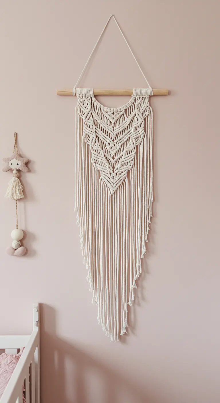 Delicado tapiz de macramé de color crudo en forma de V, colgado en una pared rosa pastel.