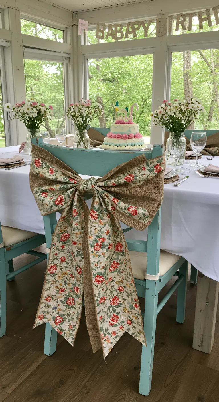 Silla de madera azul con un gran lazo hecho de arpillera y tela floral.