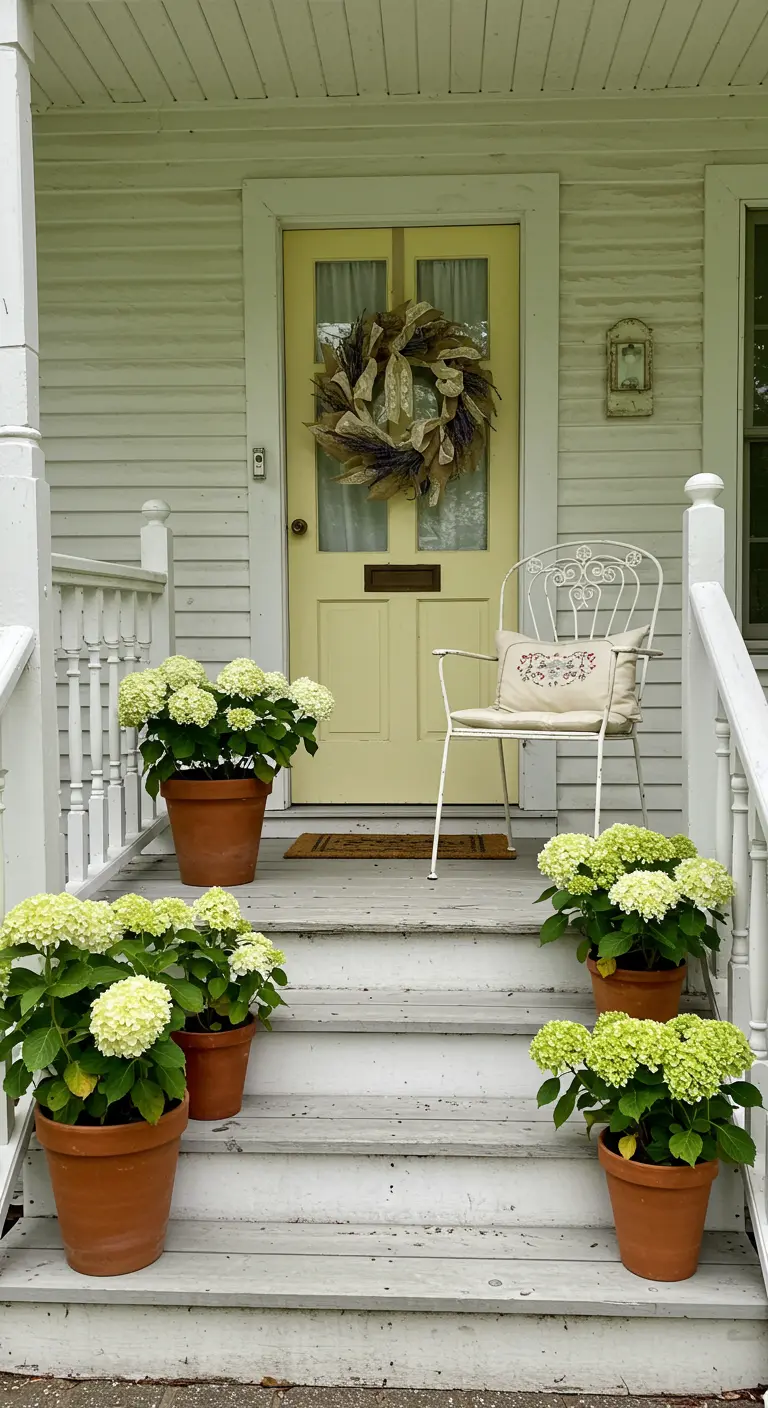 Porche con puerta amarilla, silla de hierro blanca y macetas de terracota con hortensias.