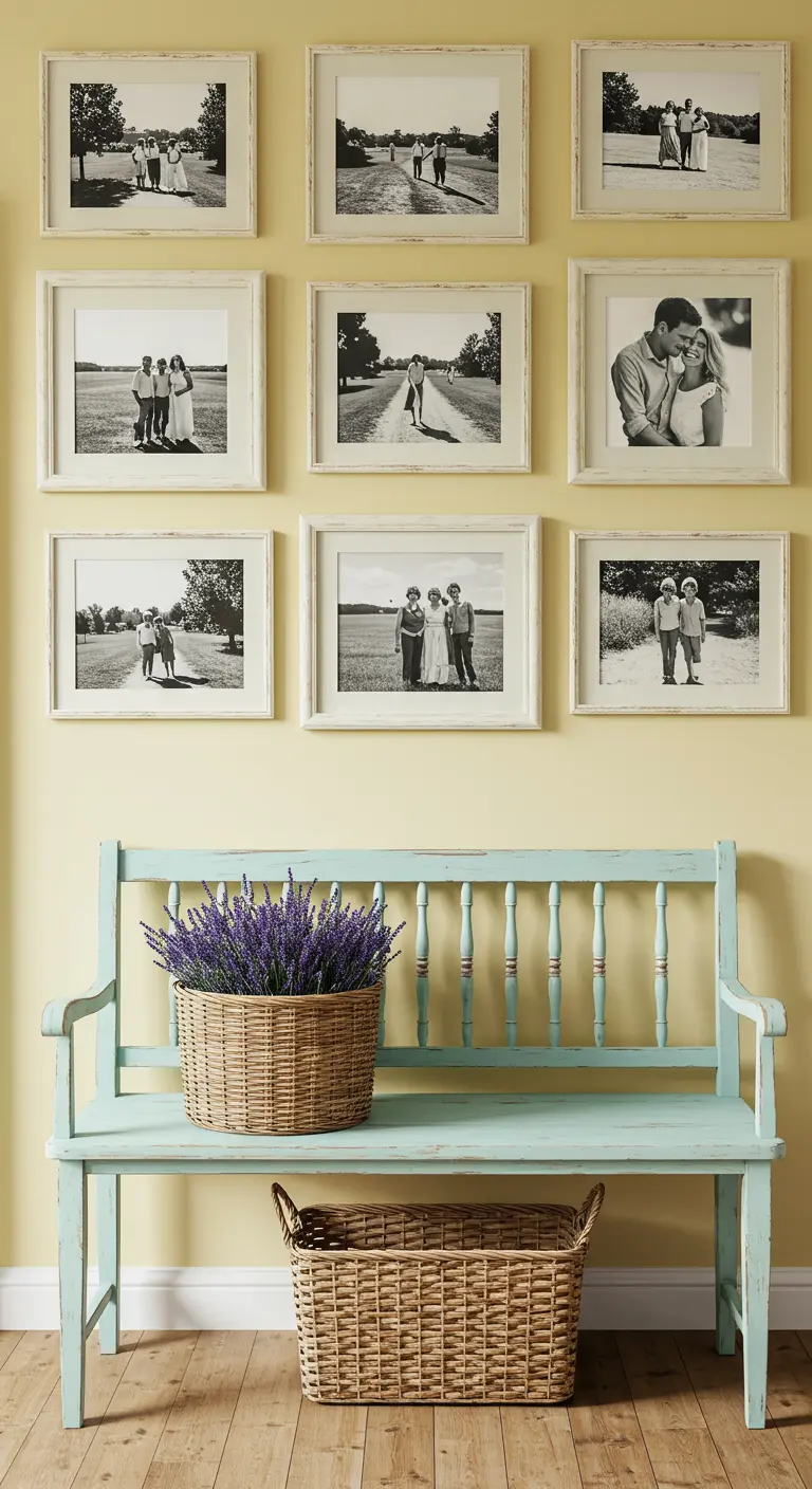 Pared amarilla con galería de fotos en marcos blancos sobre un banco de madera turquesa de estilo campestre.