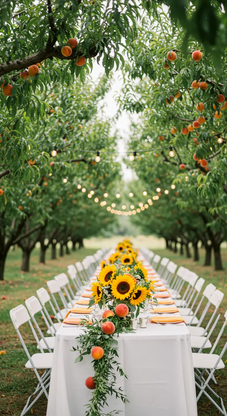 Mesa larga en un huerto de melocotoneros con guirnalda de girasoles y melocotones.