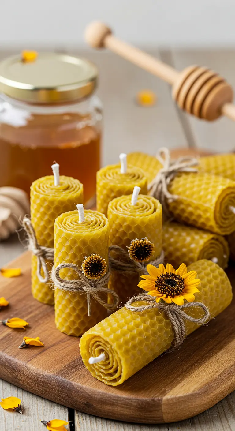 Velas enrolladas de cera de abeja atadas con cuerda y flores.