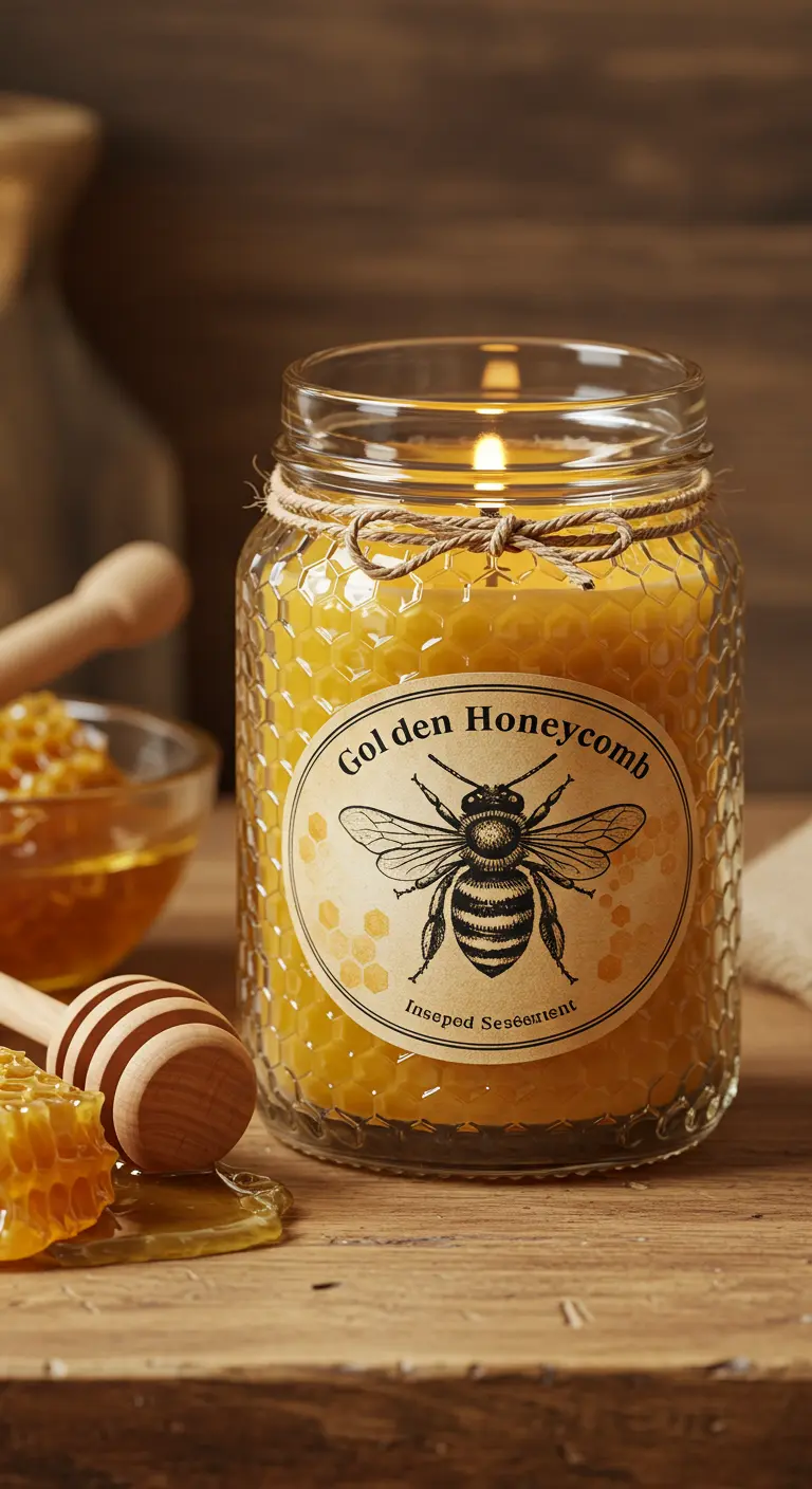 Vela de cera de abeja en un frasco con textura de panal y una etiqueta vintage de una abeja.