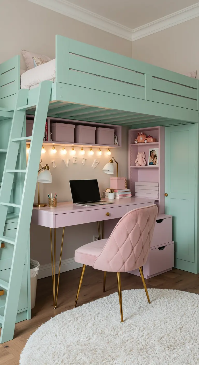 Cama alta color menta con escritorio y silla de terciopelo rosa y detalles dorados