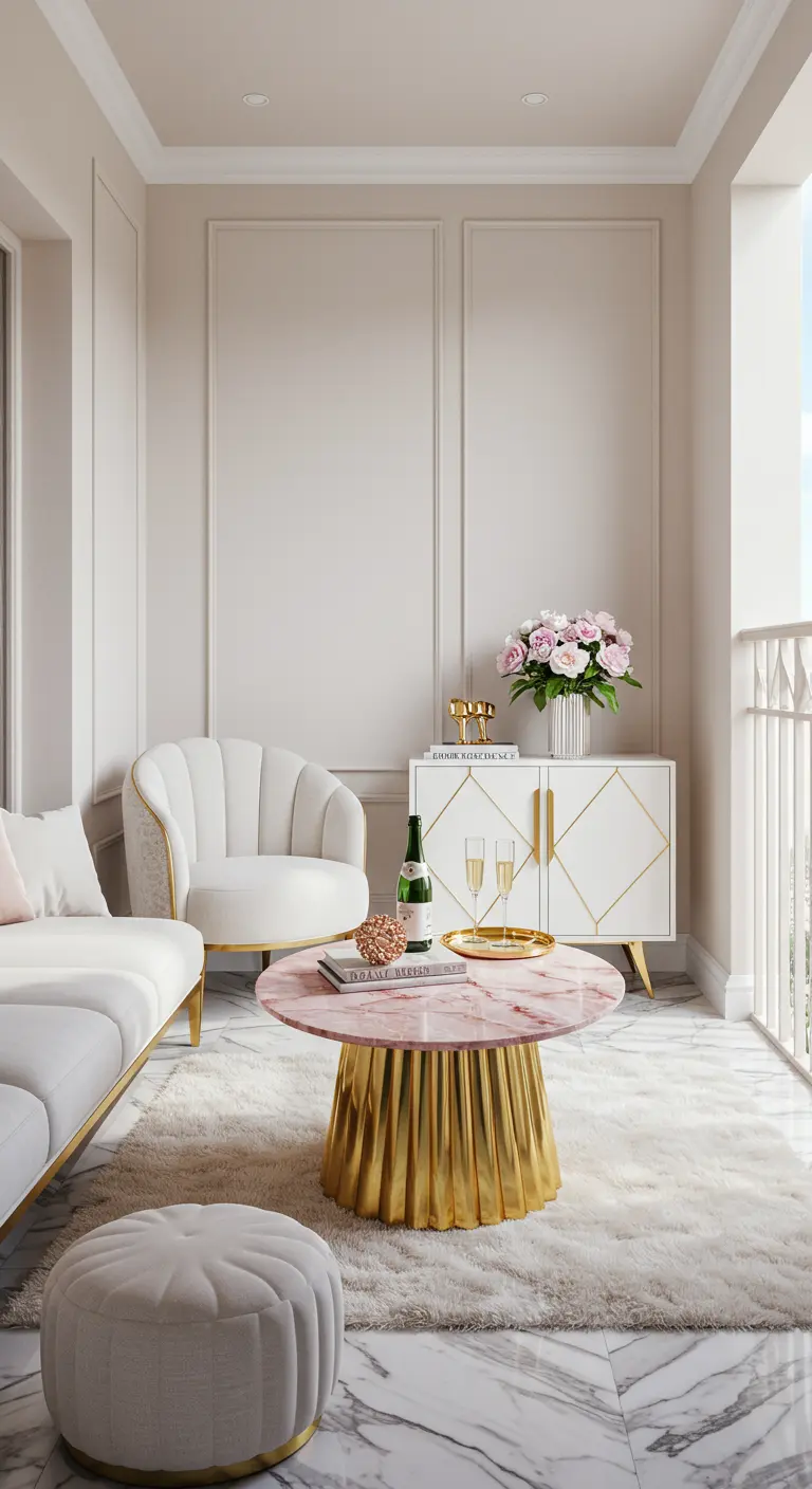 Balcón con paredes claras, sofá blanco, y una mesa de centro redonda de mármol rosa y base dorada.