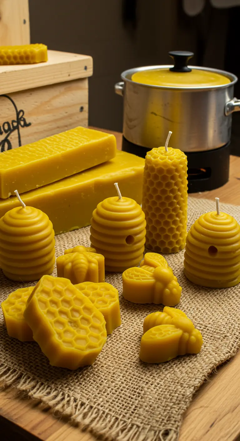 Velas caseras hechas con cera de abeja amarilla y moldes de colmenas, abejas y panales