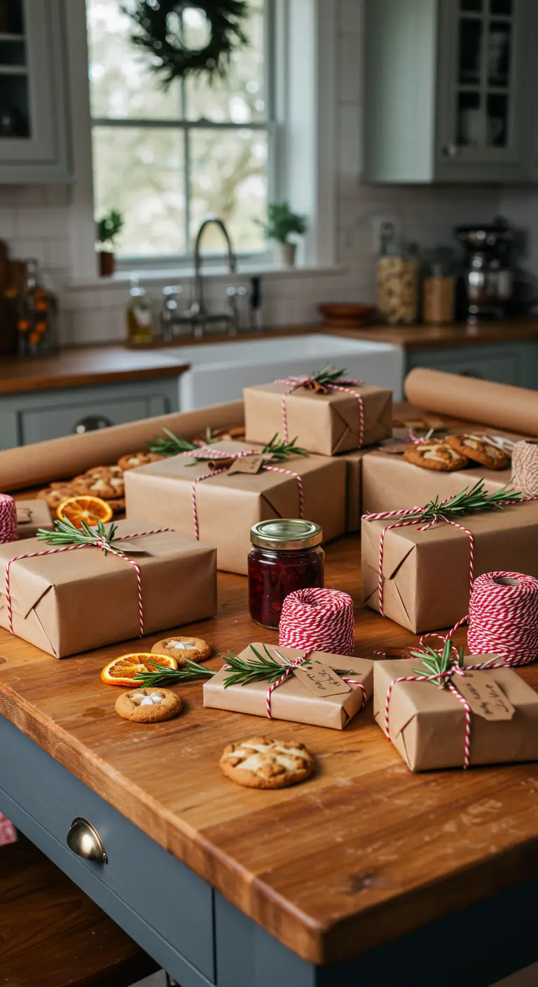 Regalos envueltos con hilo rojo y blanco, romero, galletas y mermelada en una cocina.