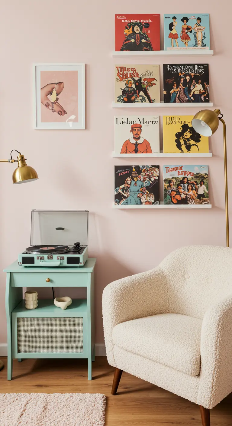 Rincón de música con pared rosa, mesita verde menta para el tocadiscos y un sillón blanco de bouclé.