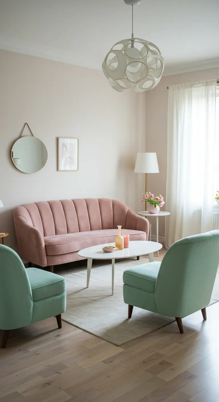 Sala de estar en tonos pastel con sofá rosa y butacas verde menta.