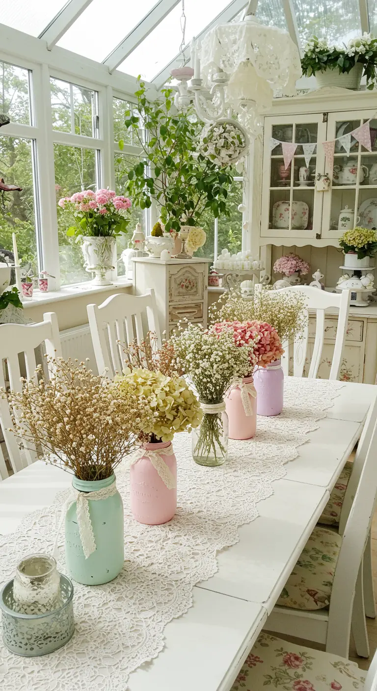 Mesa blanca en un invernadero con tarros pintados de colores pastel y llenos de flores secas.