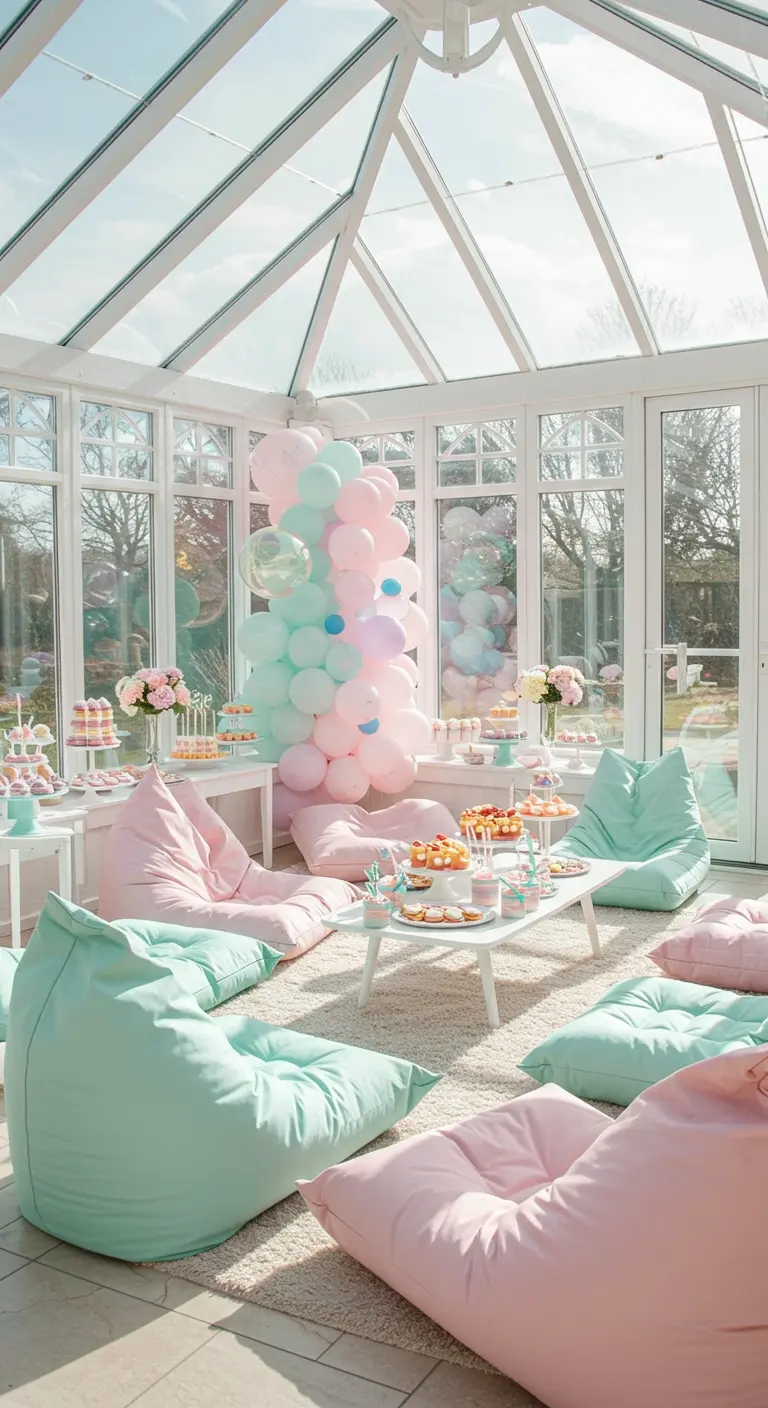 Invernadero luminoso con pufs en tonos pastel y una decoración de globos.