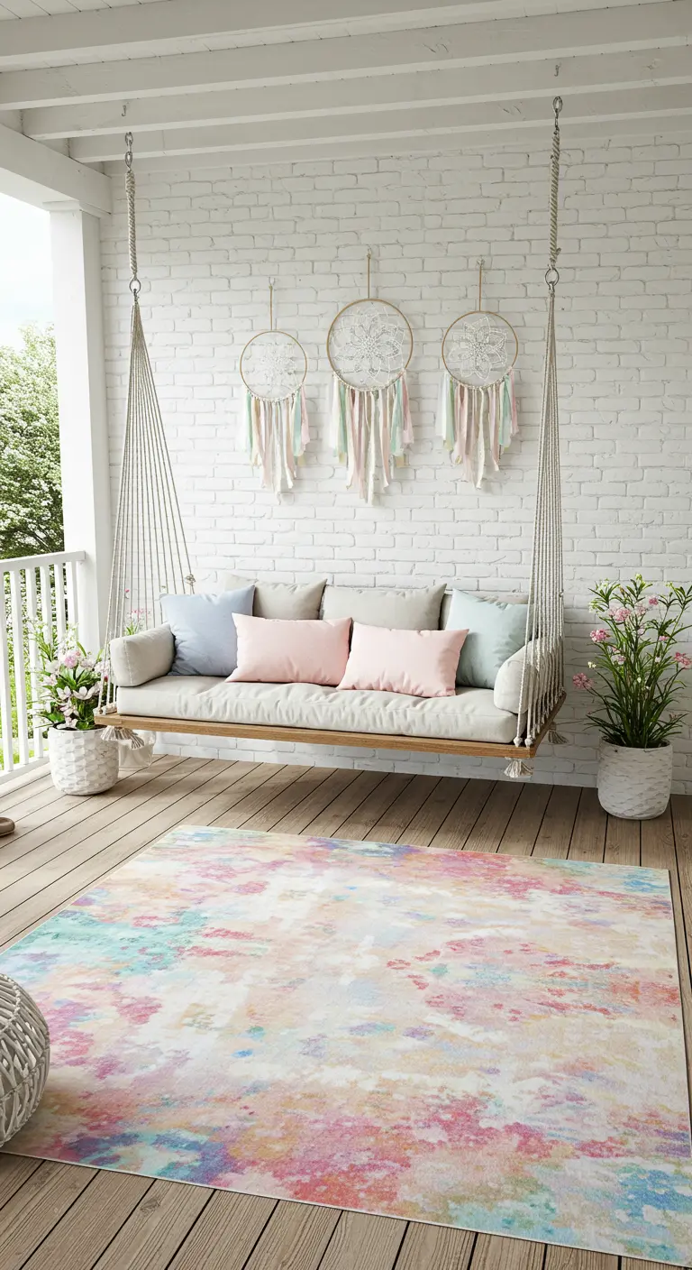Porche con pared de ladrillo blanco, columpio colgante, alfombra de acuarela y atrapasueños en tonos pastel