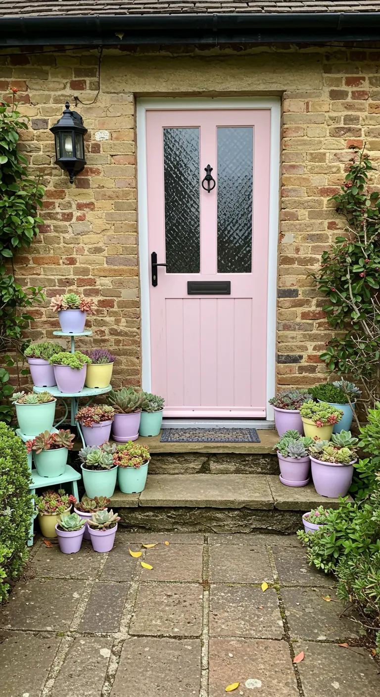 Entrada de casa de ladrillo con puerta rosa y macetas de colores pastel con suculentas a ambos lados.
