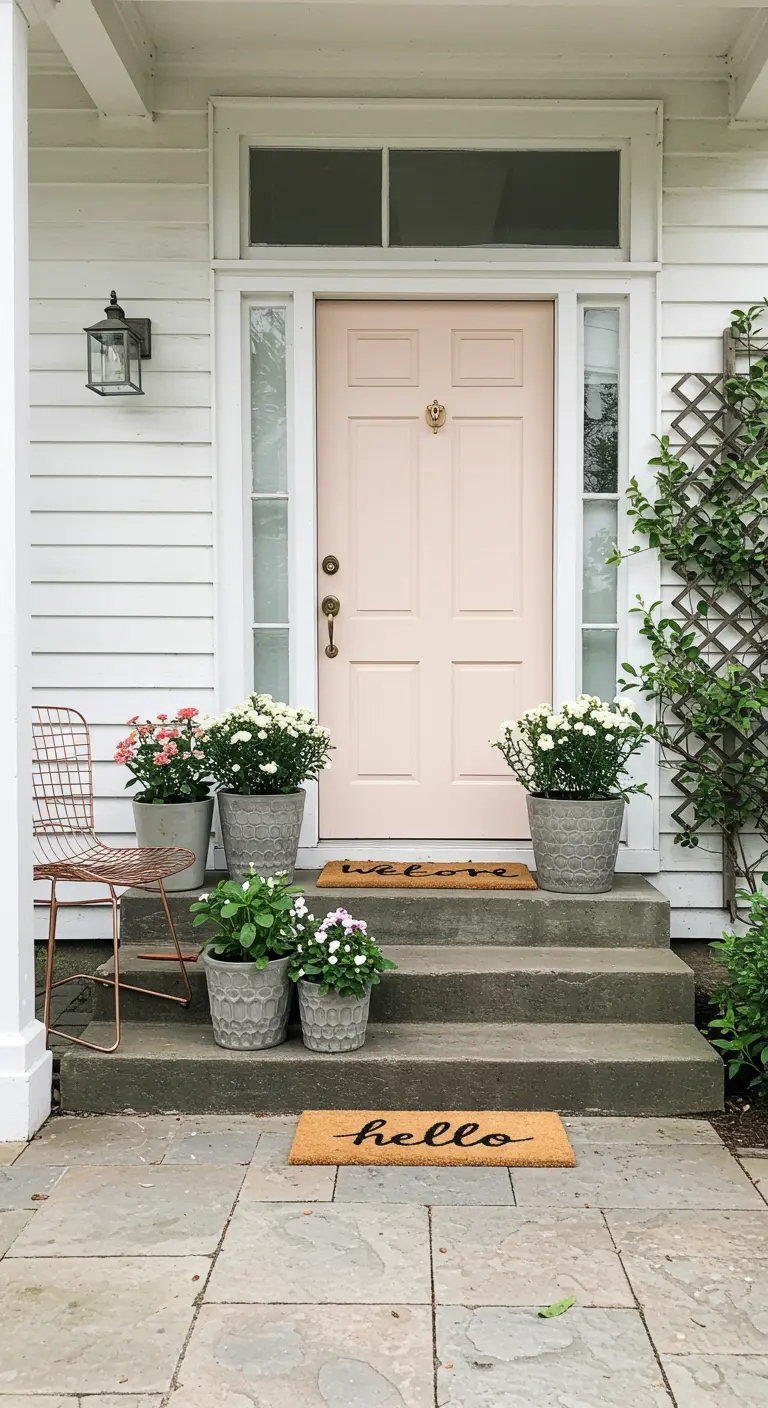 Porche de casa blanca con puerta rosa pastel, macetas de cemento con flores y una silla de metal cobrizo.