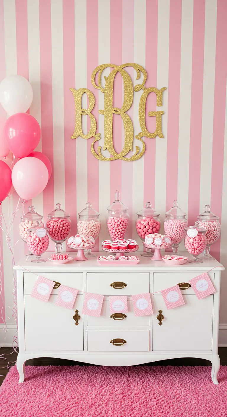 Candy bar sobre una cómoda blanca con un monograma dorado gigante en una pared de rayas.