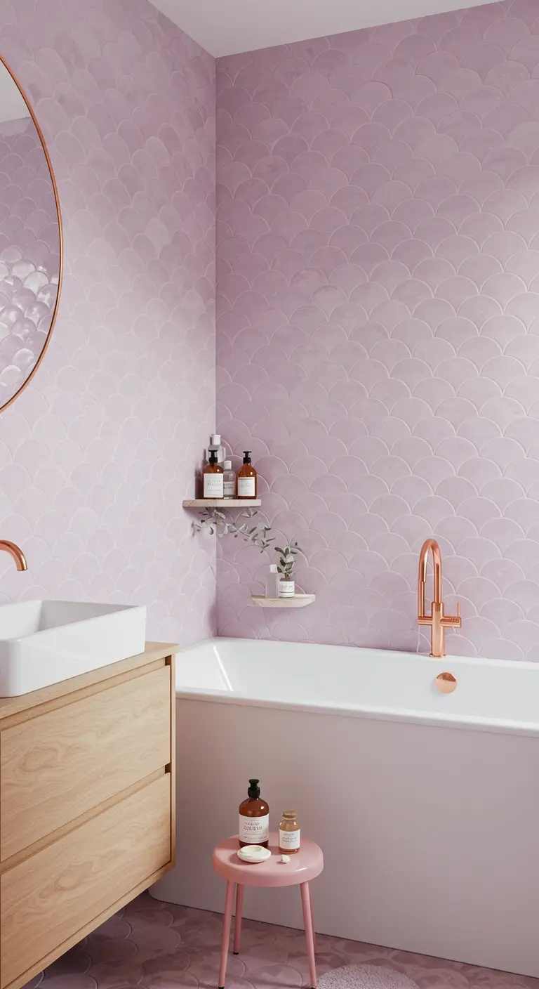 Baño con azulejos de escamas en color rosa lavanda y grifería de cobre rosado