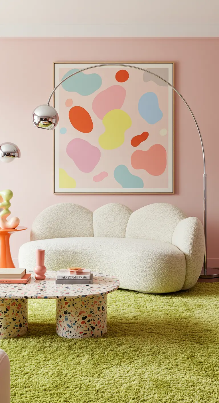 Sala de estar en tonos pastel con sofá Bouclé y cuadro abstracto de formas orgánicas.