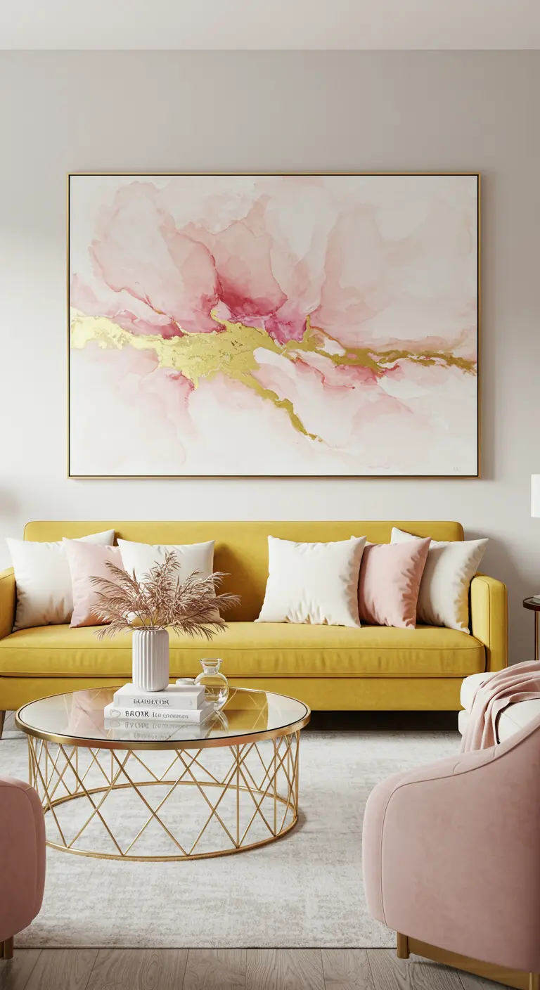 Sofá mostaza con cojines rosas y blancos frente a un gran cuadro abstracto en tonos rosados y dorados.
