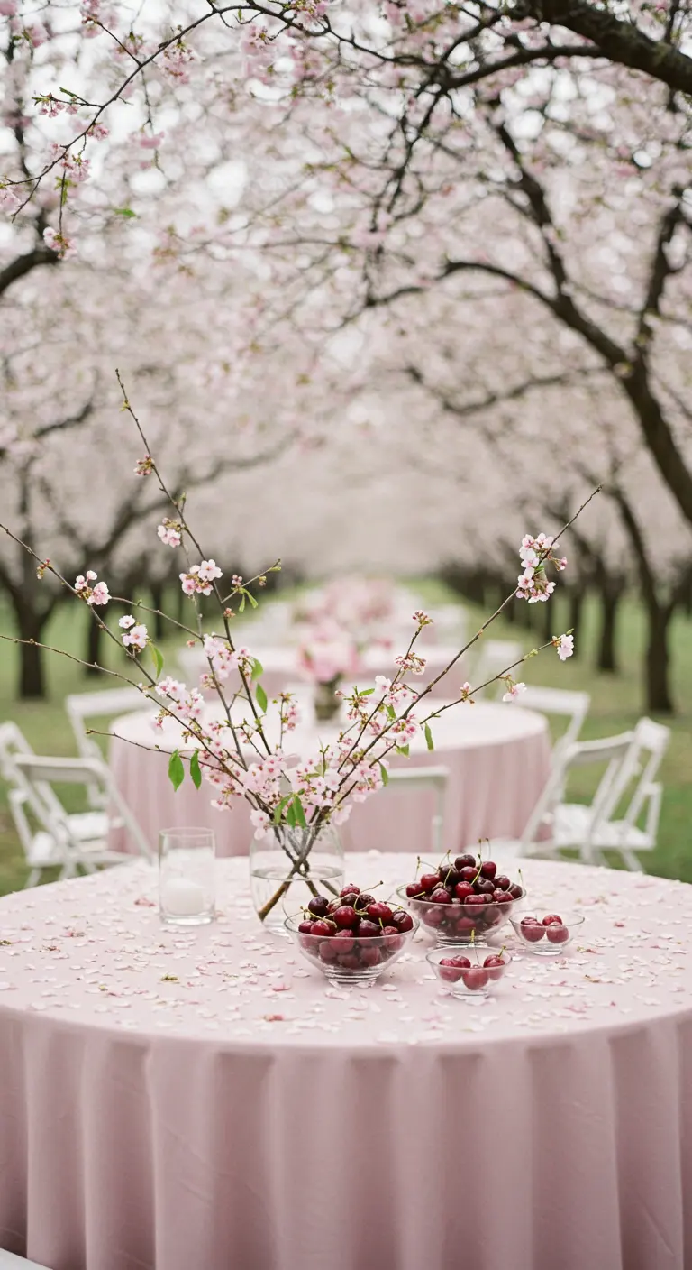 Mesa redonda con mantel rosa bajo cerezos en flor, decorada con cuencos de cerezas.