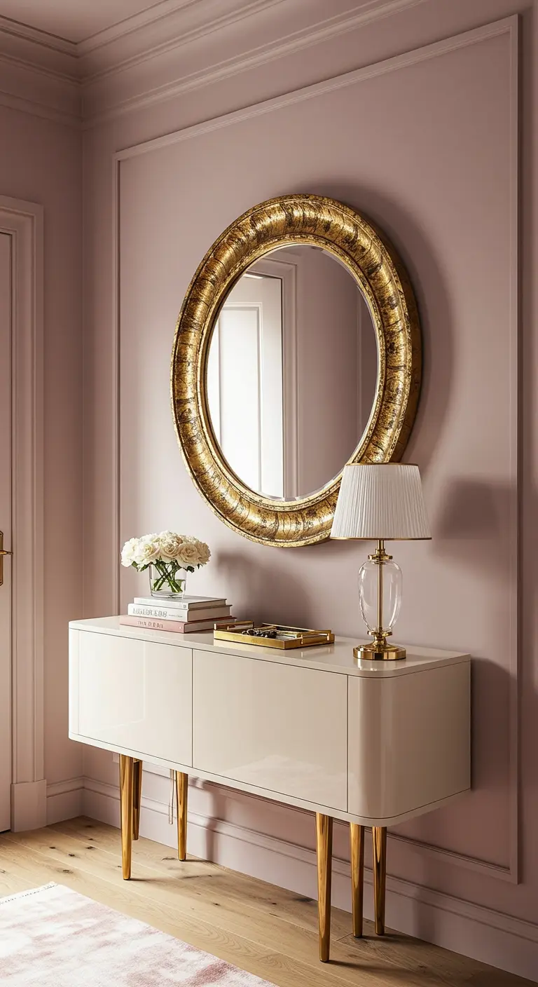 Recibidor romántico con paredes rosas, consola blanca con patas doradas y espejo barroco dorado