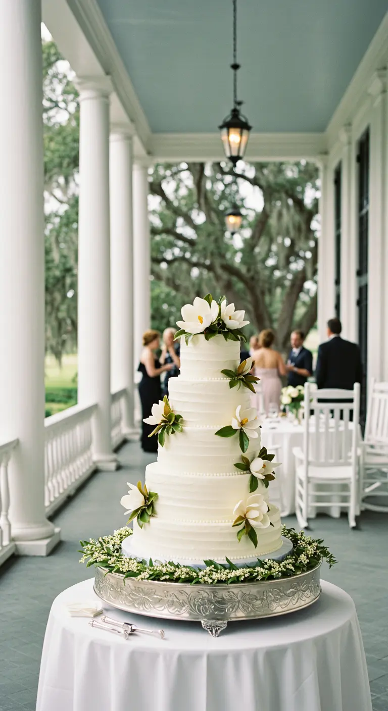 Pastel de bodas blanco clásico decorado con flores de magnolia en el porche de una mansión.