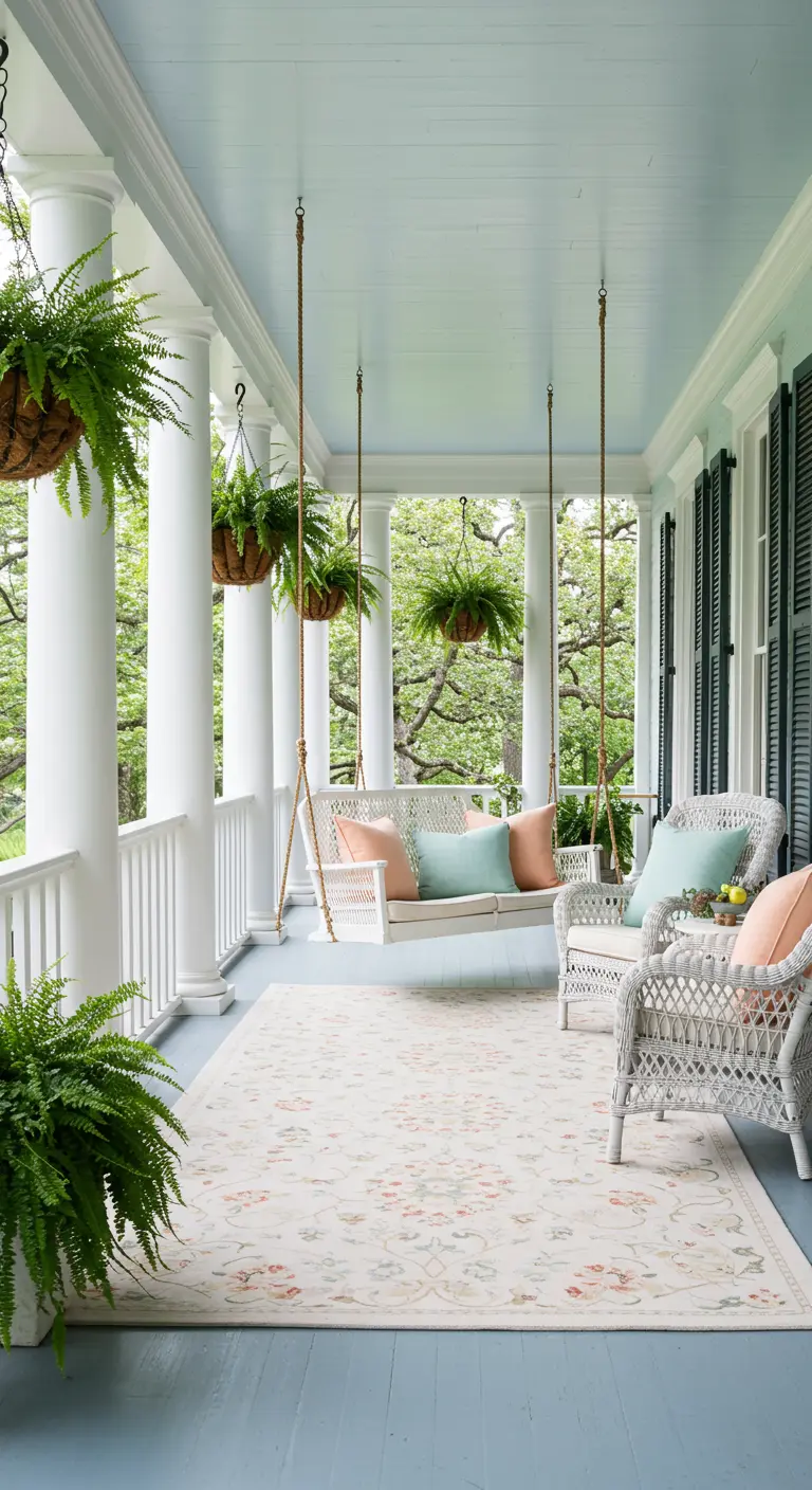 Porche de estilo sureño con columpio y sillones de mimbre blanco, cojines pastel y helechos colgantes.