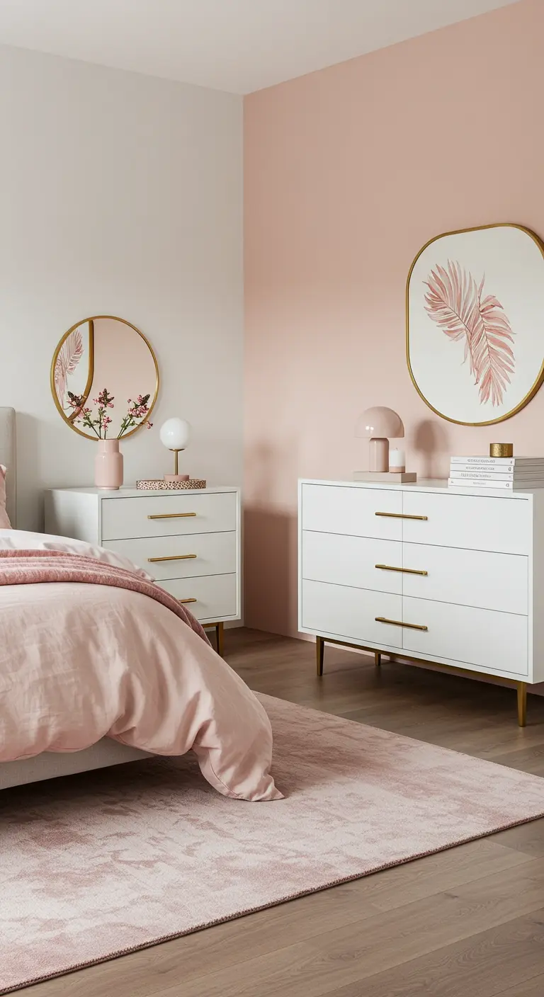 Dormitorio en tonos rosa y blanco con muebles con tiradores y marcos de espejo de latón.