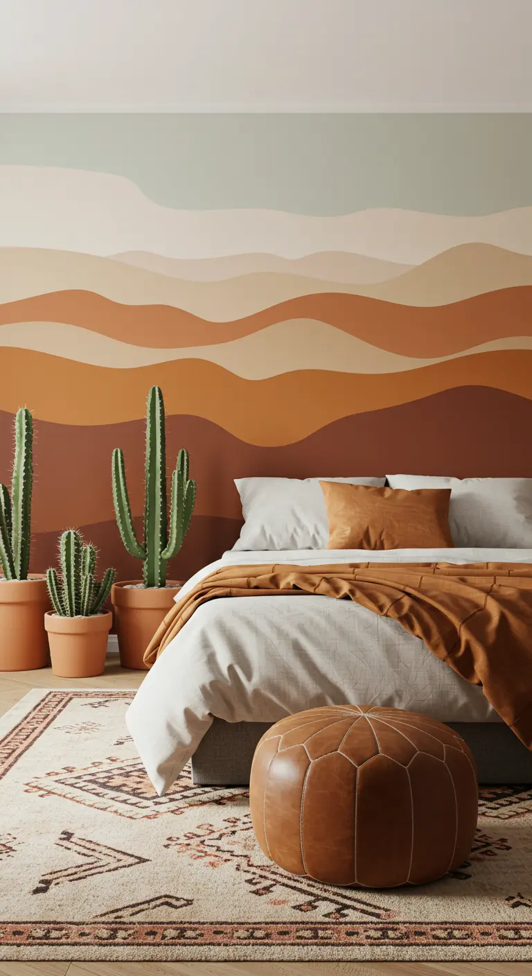 Mural de un paisaje desértico con dunas en tonos tierra detrás de una cama con textiles naturales.