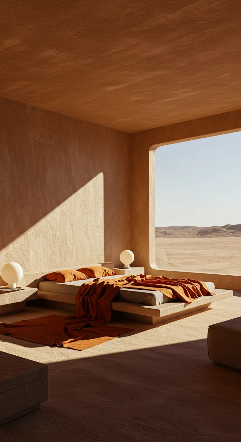 Dormitorio minimalista con paredes texturizadas color arena y vistas a un vasto desierto.