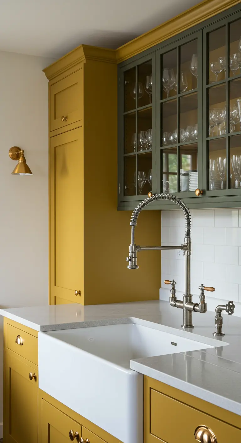 Cocina con gabinetes altos en verde oscuro, muebles bajos en mostaza y fregadero de granja.