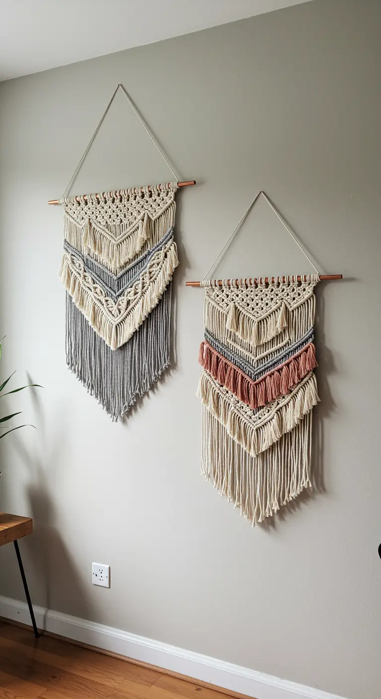 Dos tapices de macramé similares colgados juntos, uno con detalles en gris y otro en rosa.