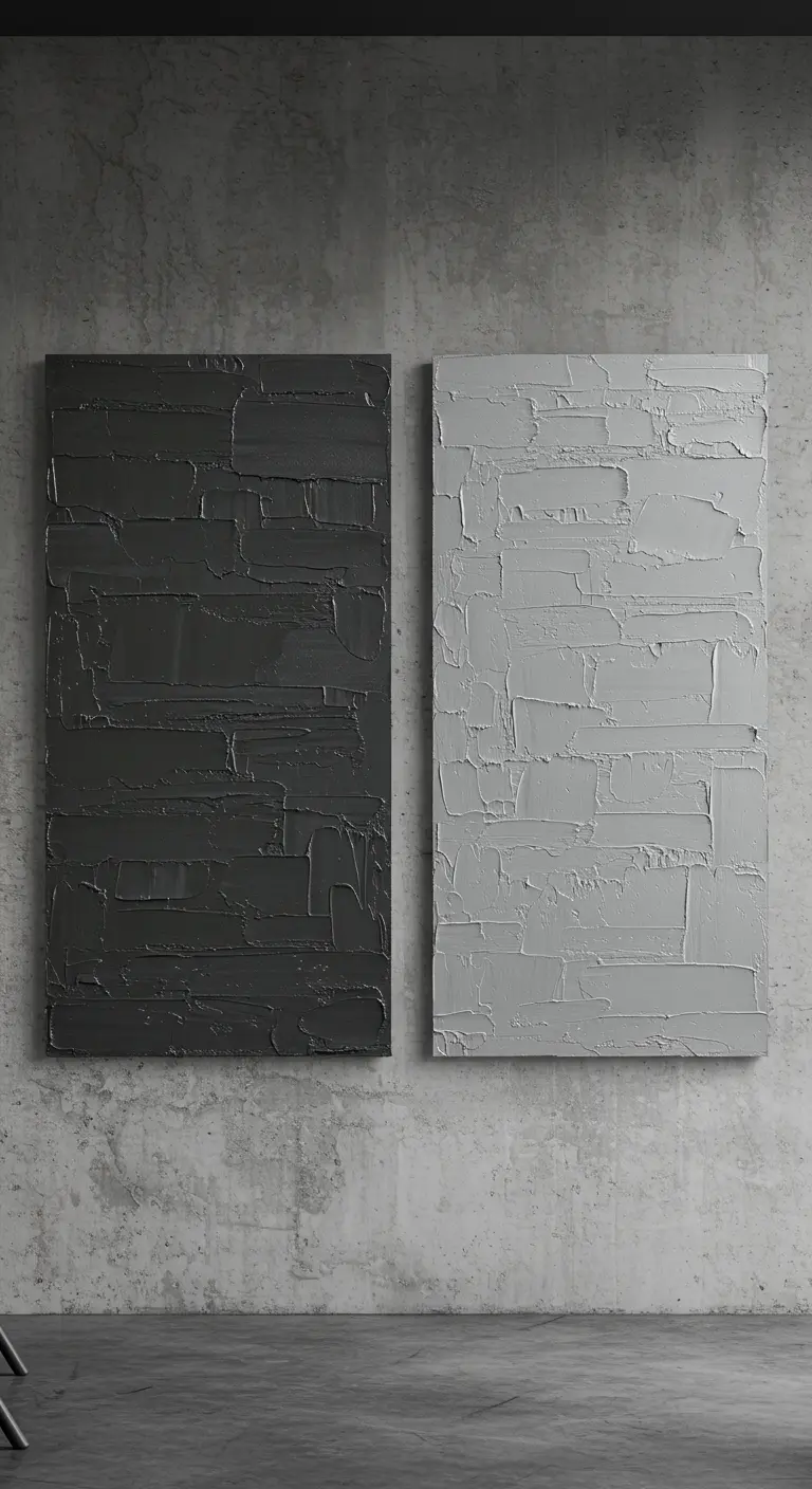 Dos cuadros, uno negro y otro gris, con textura de espátula.