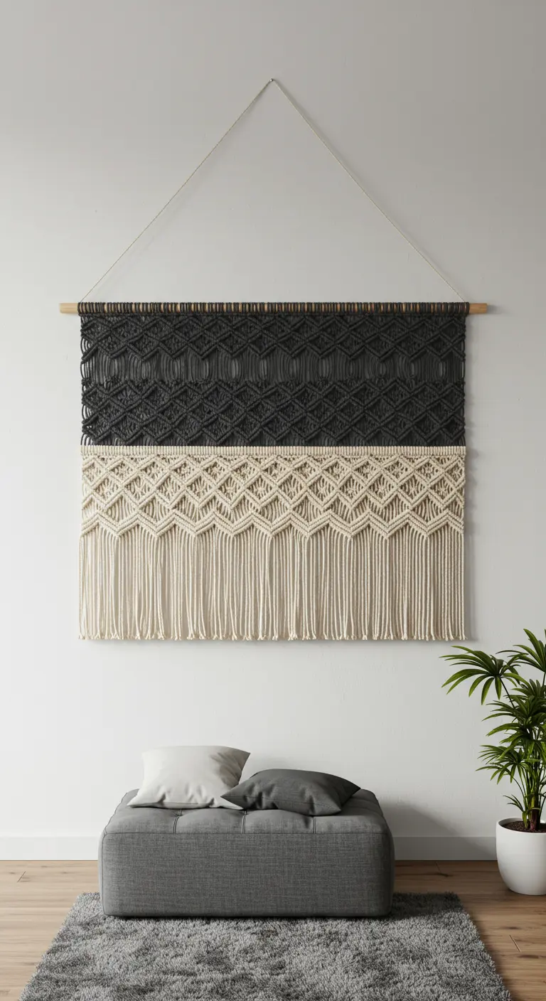 Tapiz de macramé rectangular con un bloque superior negro y un bloque inferior en crudo.