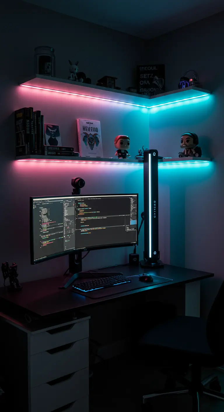 Escritorio de esquina con estantes flotantes iluminados por luces LED de color rosa y cian.