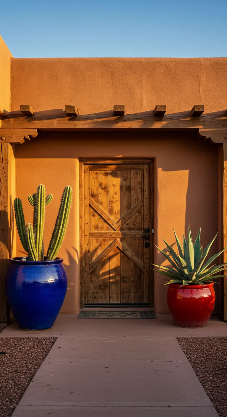 Entrada de estilo rústico con puerta de madera y dos grandes macetones, uno azul y otro rojo.