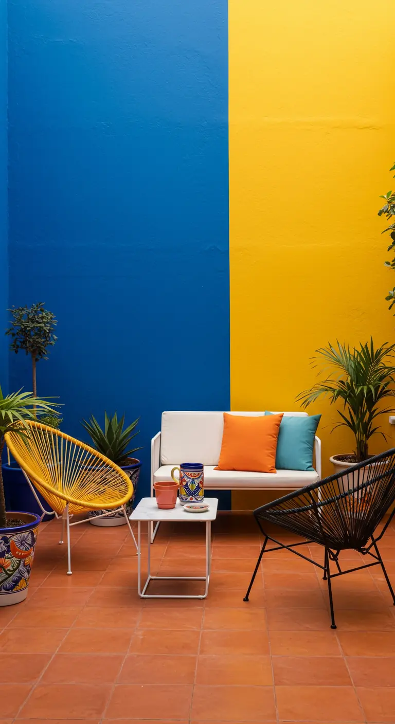 Patio moderno con una pared pintada en dos colores, azul y amarillo, y sillas Acapulco.