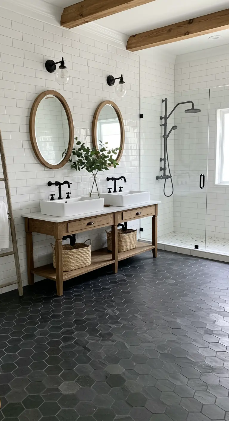 Baño de estilo farmhouse con azulejos blancos, suelo hexagonal negro y dos espejos ovalados.