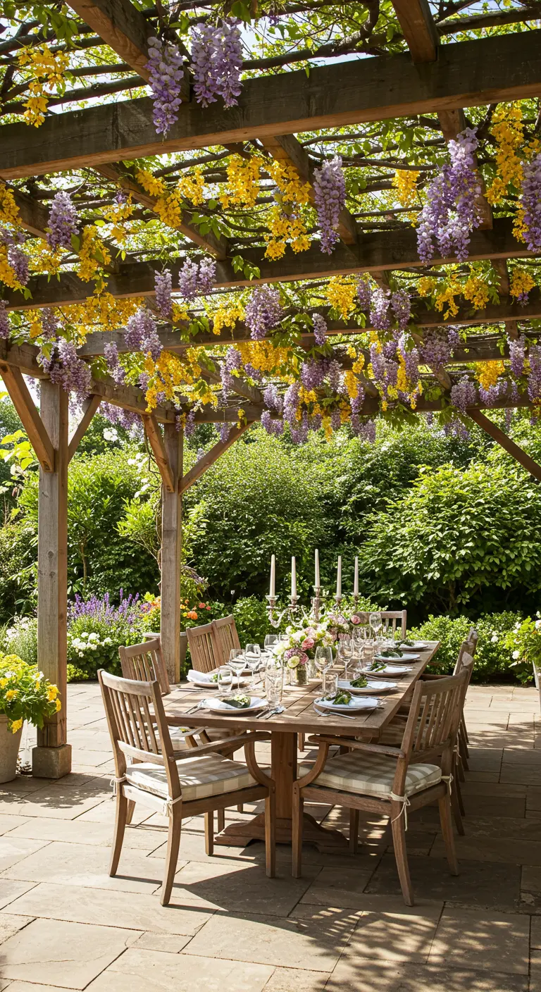 Pérgola de madera con guirnaldas colgantes de glicinas moradas y flores de laburnum amarillas.