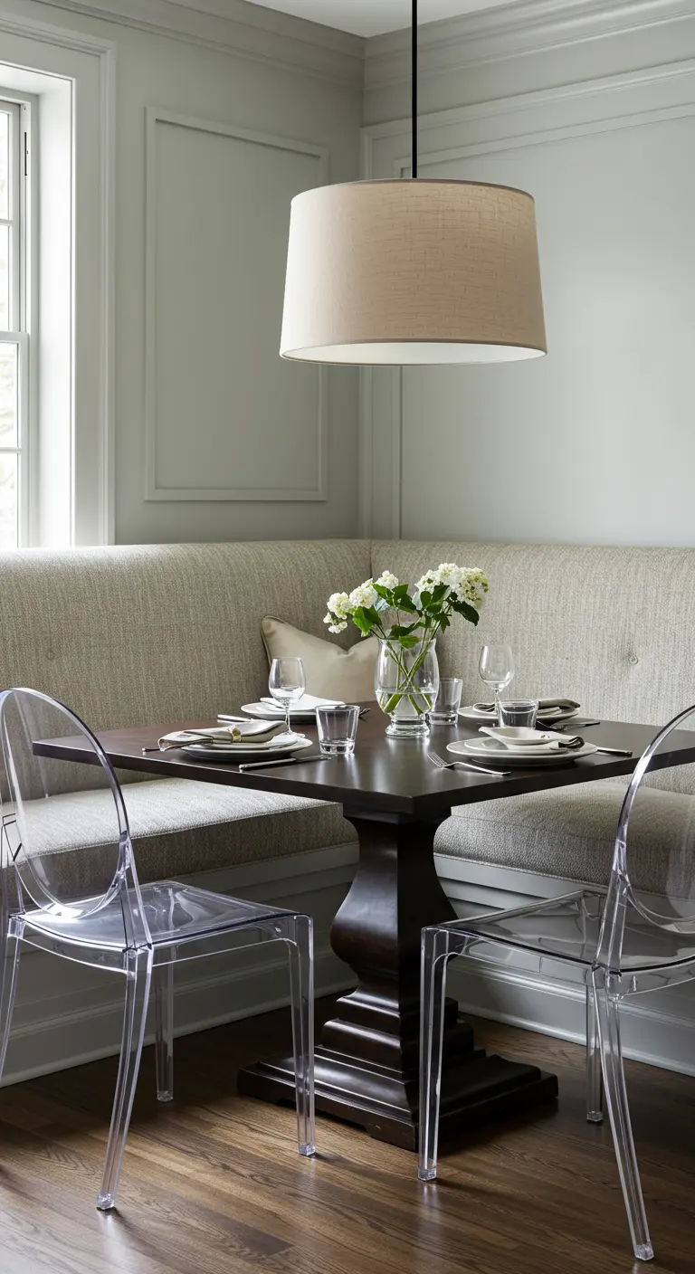 Comedor tradicional con banco tapizado en tela neutra y sillas acrílicas modernas.