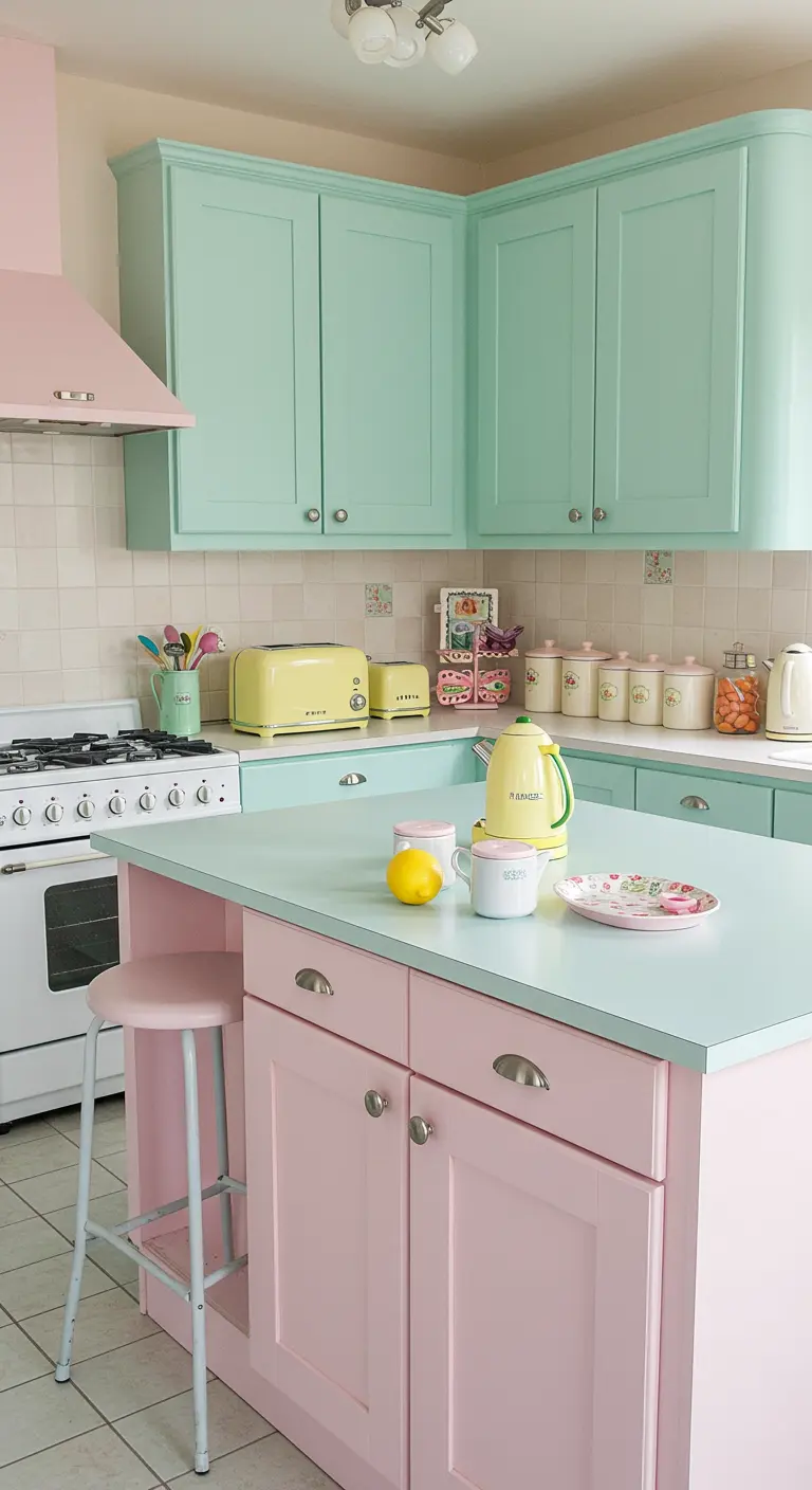 Cocina con armarios superiores en menta y una isla de cocina en rosa pastel.