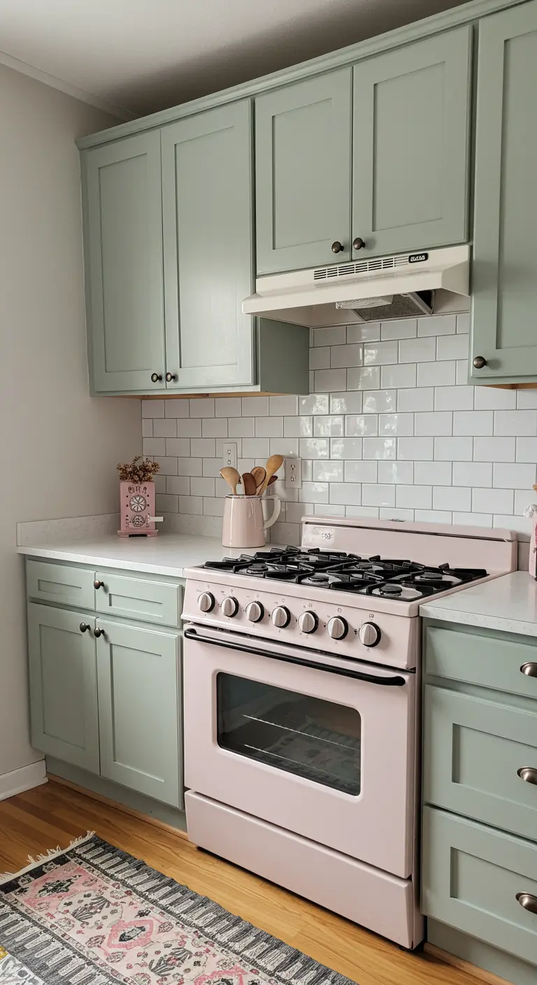Cocina de ensueño con armarios verde salvia y un horno retro de color rosa pastel.