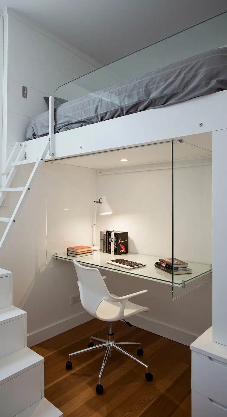 Cama alta blanca con un escritorio de cristal integrado debajo en una habitación compacta