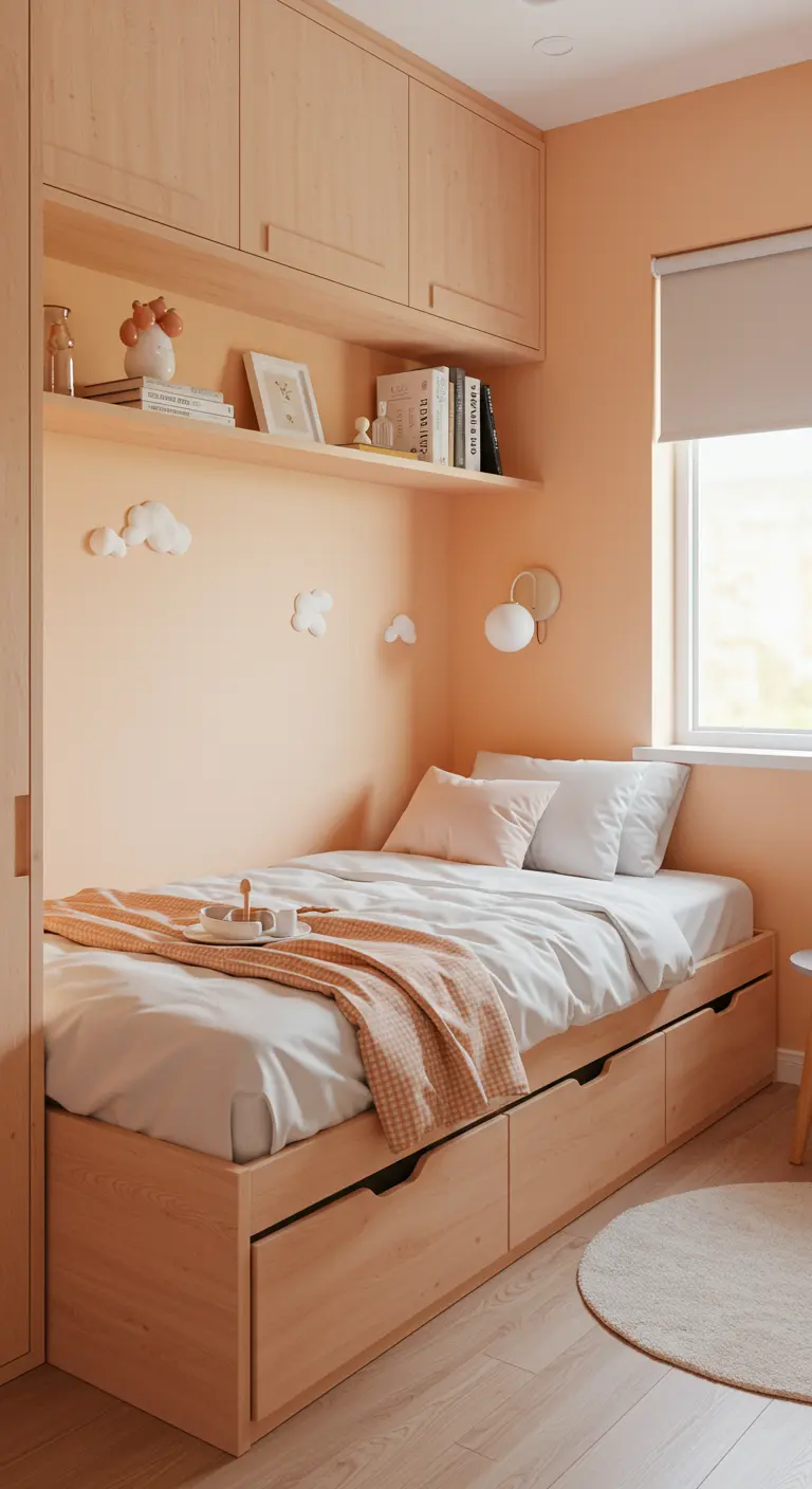 Habitación pequeña y funcional con paredes y muebles integrados en color melocotón.