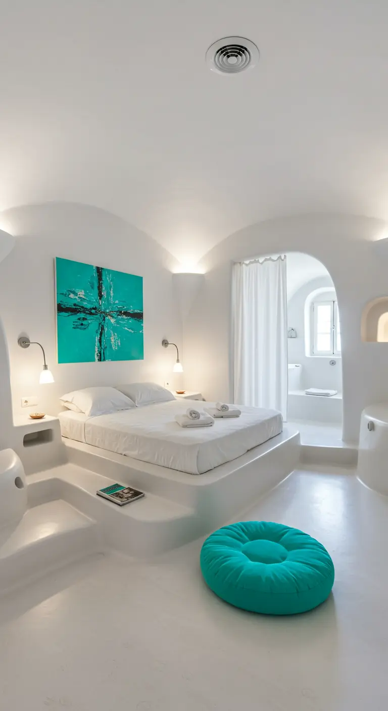 Dormitorio tipo cueva con paredes de microcemento blanco y un puf turquesa en el suelo.